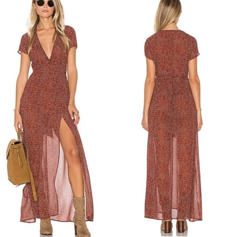 WYLDR Burnt Orange Deep V High Slit Dress